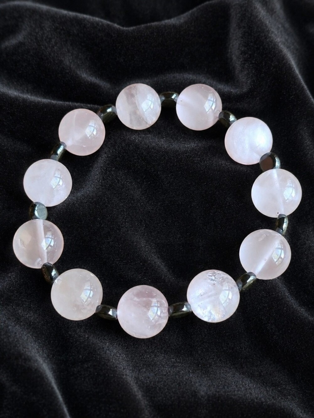 Rose Quartz & Gray Hematite Beaded Stretch Bracelet | Handmade